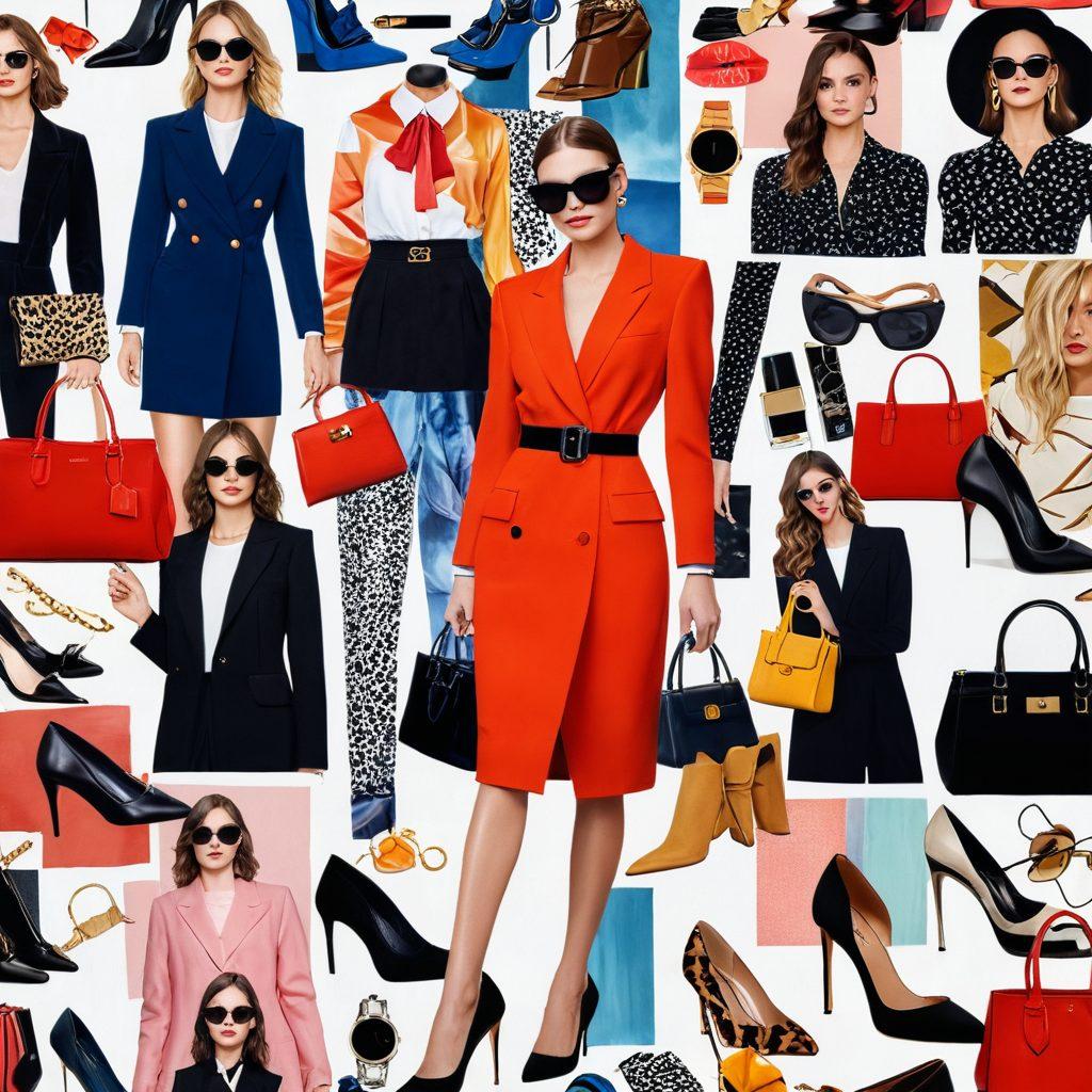 A chic and modern fashion-themed collage featuring stylish outfits, accessories, and makeup items. Include diverse models showcasing trendy clothing styles, handbags, and shoes, with a vibrantly colored background. Highlight themes of elegance and sophistication with a touch of glamour. painting. vibrant colors.