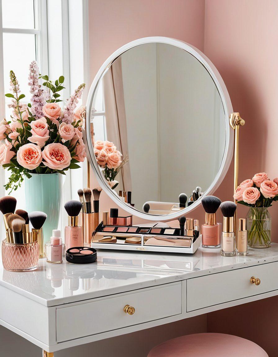 A glamorous vanity setup with chic makeup products, brushes, elegant grooming tools, and a stylish mirror reflecting a confident and glowing person applying makeup. Aesthetic elements include soft pastel colors, luxurious textures, and serene lighting. Add subtle accents of florals and metallics. super-realistic. vibrant colors. white background.